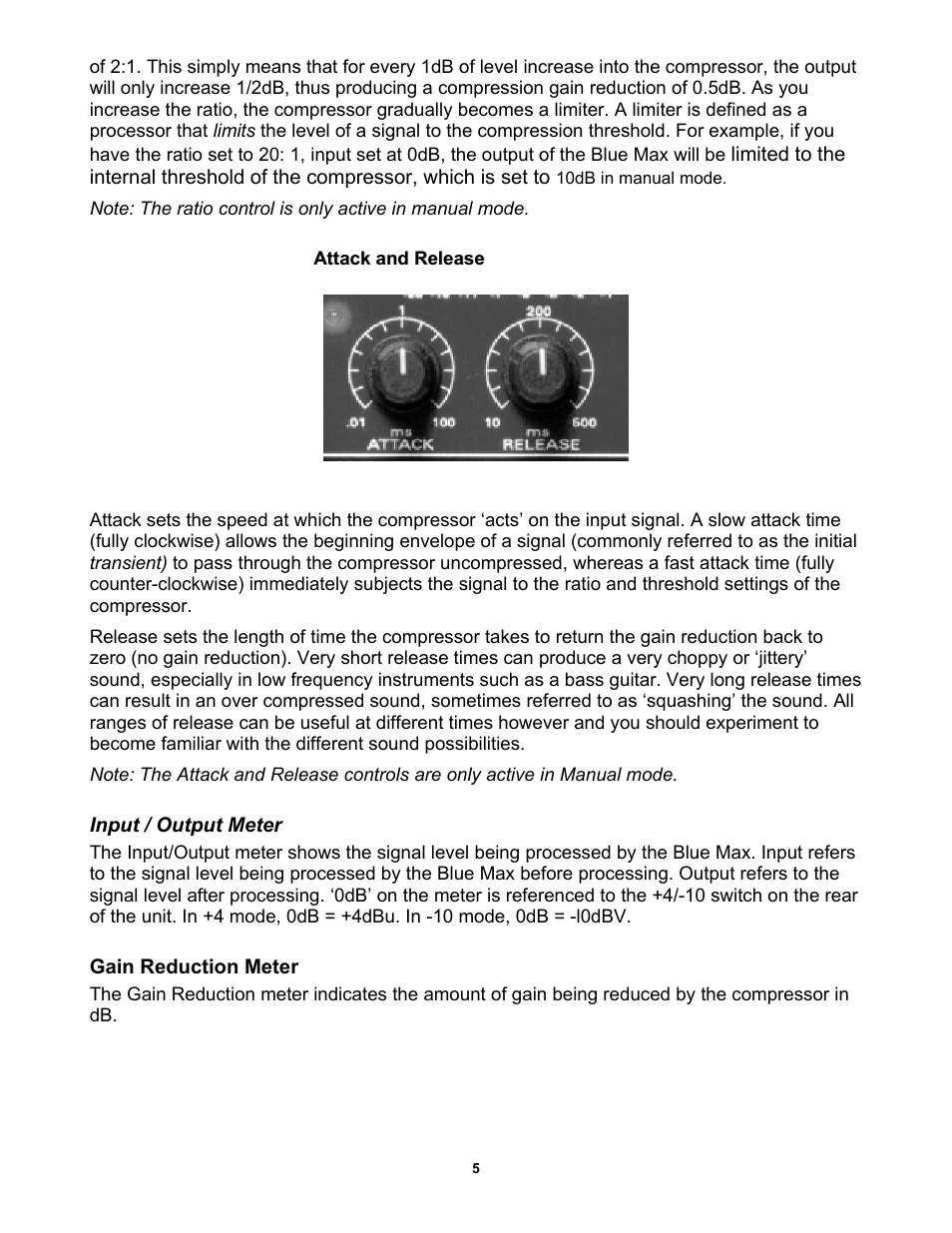 Attack and release, Input / output meter, Gain reduction meter | PreSonus BlueMAX User Manual | Page 8 / 16