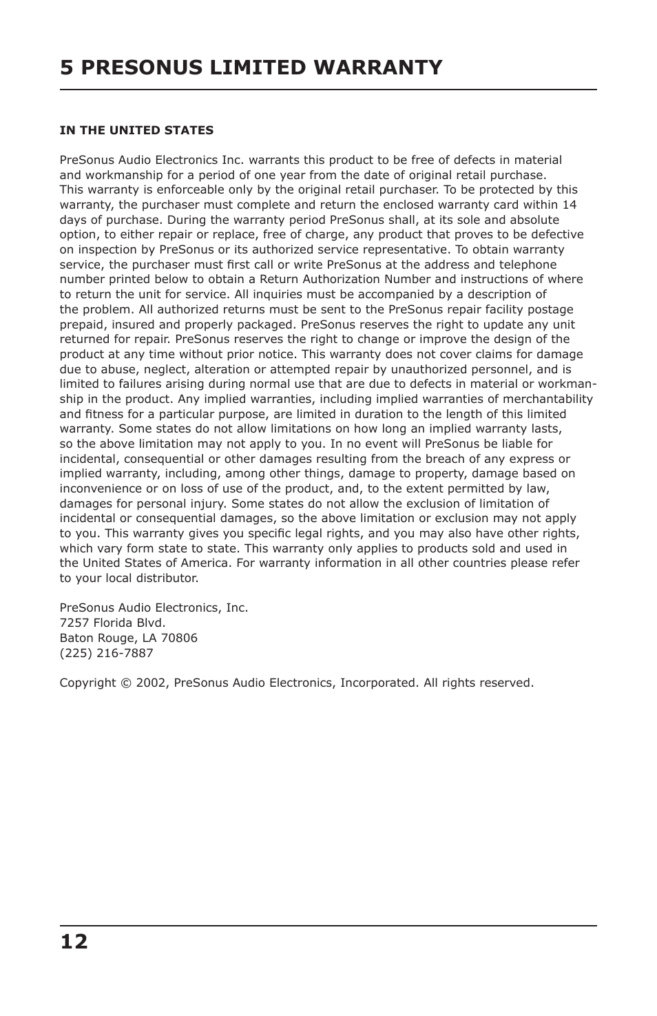 5 presonus limited warranty | PreSonus DigiMax LT User Manual | Page 14 / 15
