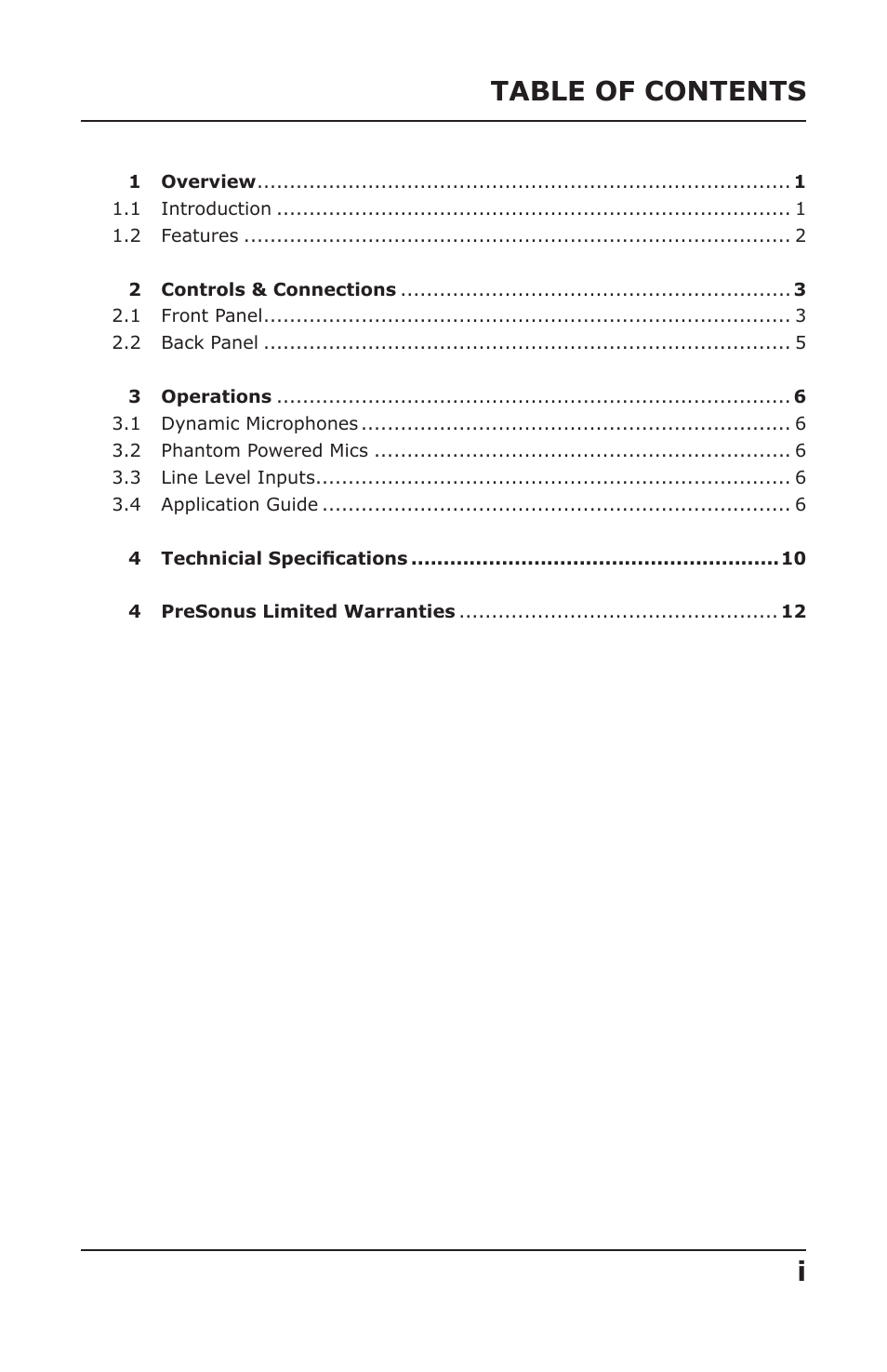 Table of contents i | PreSonus DigiMax LT User Manual | Page 2 / 15