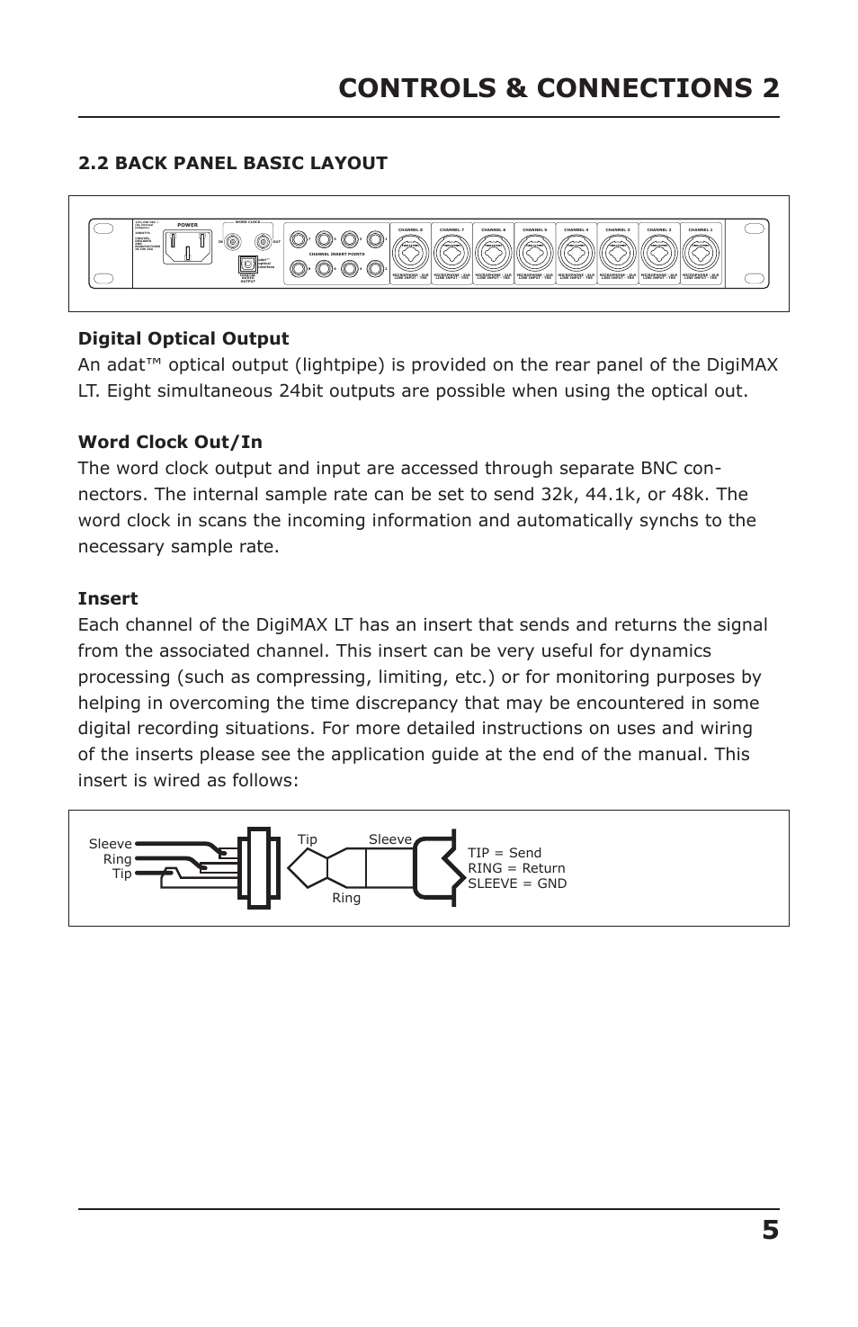 Controls & connections 2 5, 2 back panel basic layout | PreSonus DigiMax LT User Manual | Page 7 / 15