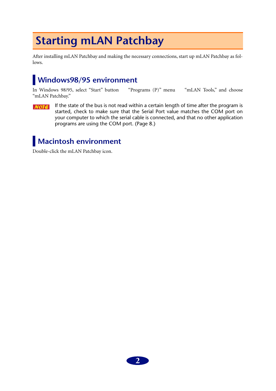 Starting mlan patchbay, Windows98/95 environment, Macintosh environment | Windows98/95 environment macintosh environment | PreSonus FIREstation User Manual | Page 2 / 17