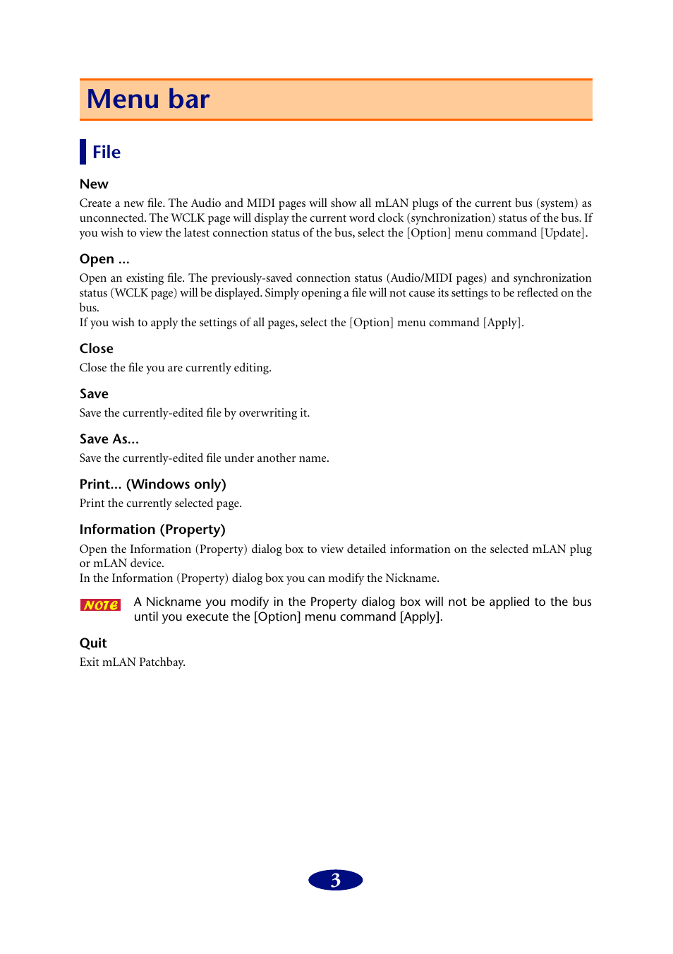 Menu bar, File, Open | Close, Save, Save as, Print... (windows only), Information (property), Quit | PreSonus FIREstation User Manual | Page 3 / 17