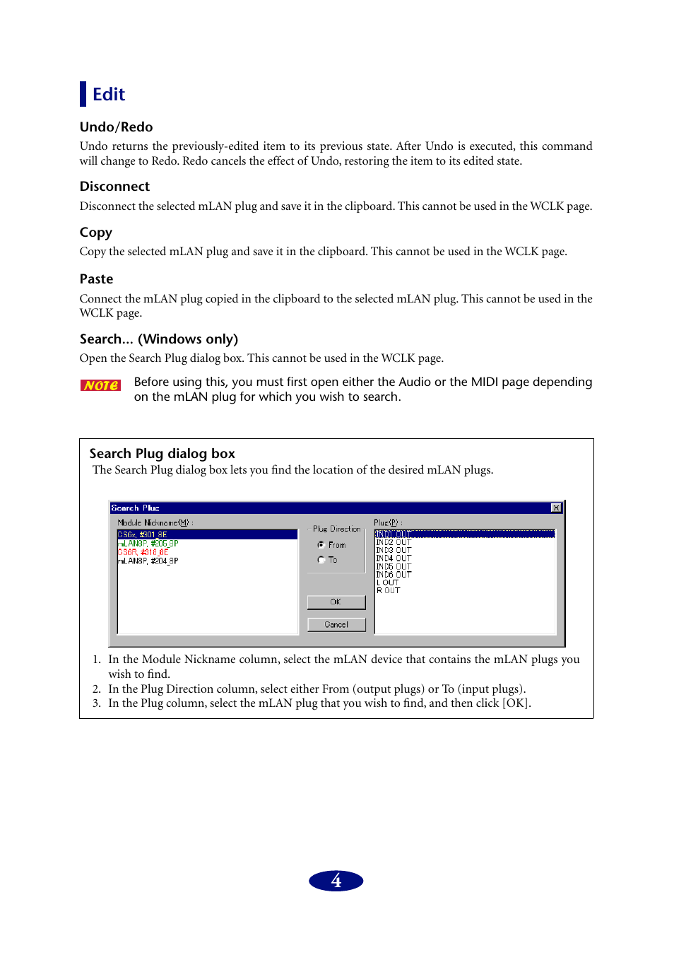 Edit, Undo/redo, Disconnect | Copy, Paste, Search... (windows only), Search plug dialog box | PreSonus FIREstation User Manual | Page 4 / 17