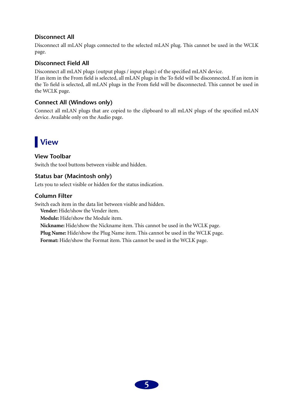 Disconnect all, Disconnect field all, Connect all (windows only) | View, View toolbar, Status bar (macintosh only), Column filter | PreSonus FIREstation User Manual | Page 5 / 17
