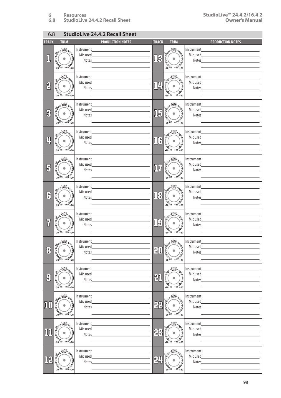 8 studiolive 24.4.2 recall sheet, 8 studiolive 24.4.2 recall sheet — 98, Aux inputs | PreSonus StudioLive 24.4.2 User Manual | Page 102 / 112