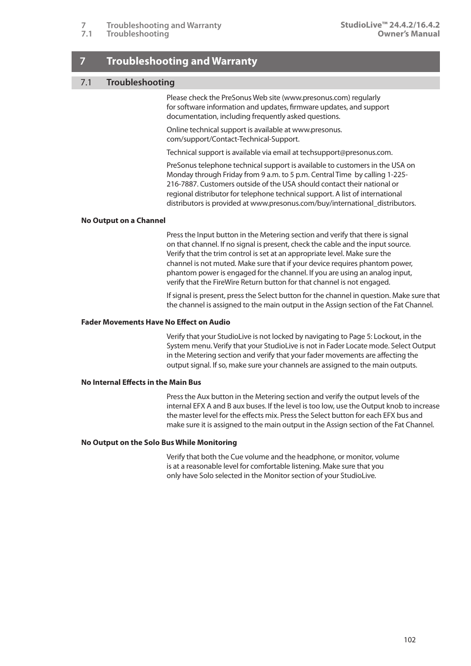 7 troubleshooting and warranty, 1 troubleshooting, 7 troubleshooting | And warranty — 102, 1 troubleshooting — 102, 7troubleshooting and warranty | PreSonus StudioLive 24.4.2 User Manual | Page 106 / 112