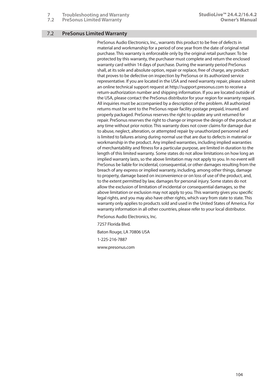 2 presonus limited warranty, 2 presonus limited warranty — 104 | PreSonus StudioLive 24.4.2 User Manual | Page 108 / 112