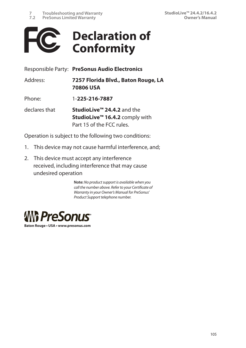 Declaration of conformity | PreSonus StudioLive 24.4.2 User Manual | Page 109 / 112