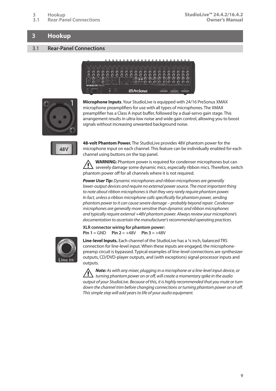 3 hookup, 1 rear-panel connections, 3 hookup — 9 | 1 rear-panel connections — 9 | PreSonus StudioLive 24.4.2 User Manual | Page 13 / 112