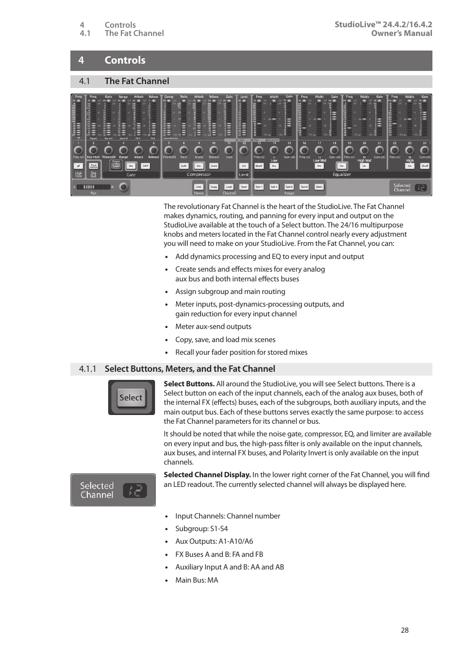 4 controls, 1 the fat channel, 1 select buttons, meters, and the fat channel | 4 controls — 28, 1 the fat channel — 28, 1 select buttons, meters, And the fat channel — 28 | PreSonus StudioLive 24.4.2 User Manual | Page 32 / 112