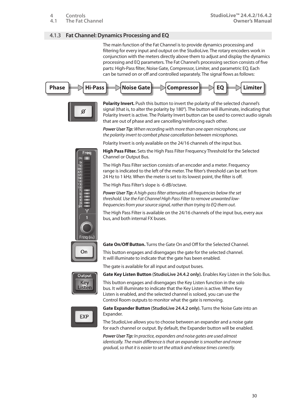 3 fat channel: dynamics processing and eq, 3 fat channel: dynamics, Processing and eq — 30 | PreSonus StudioLive 24.4.2 User Manual | Page 34 / 112