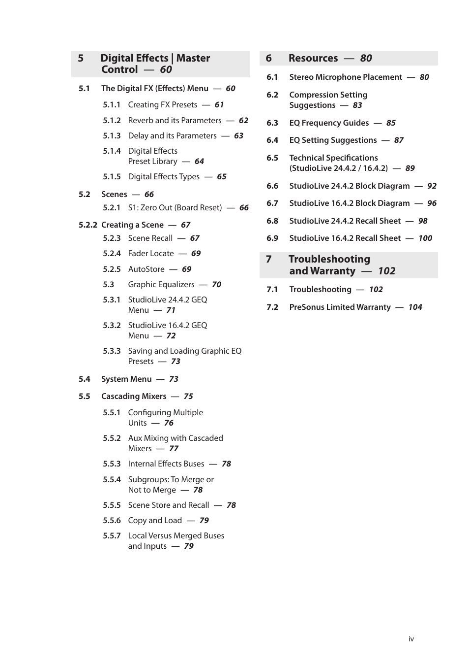 5 digital effects | master control — 60, 6 resources — 80, 7 troubleshooting and warranty — 102 | PreSonus StudioLive 24.4.2 User Manual | Page 4 / 112