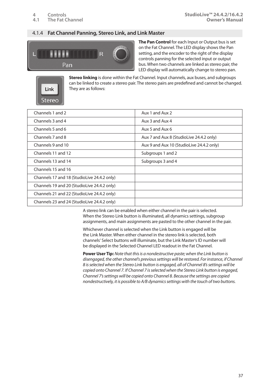 4 fat channel panning, stereo link, And link master — 37 | PreSonus StudioLive 24.4.2 User Manual | Page 41 / 112