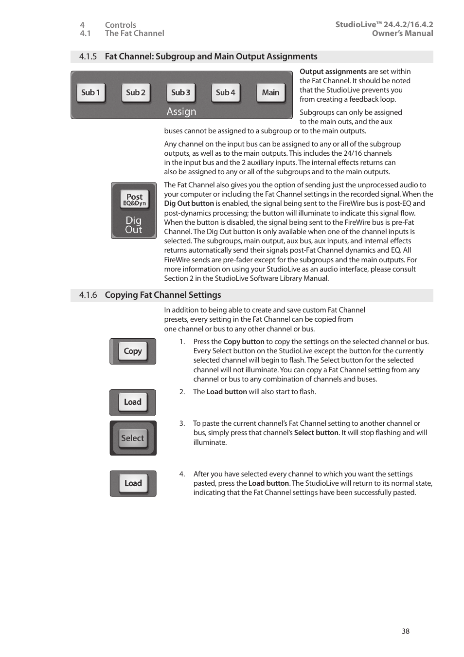 6 copying fat channel settings, 5 fat channel: subgroup and main, Output assignments — 38 | 6 copying fat channel, Settings — 38 | PreSonus StudioLive 24.4.2 User Manual | Page 42 / 112