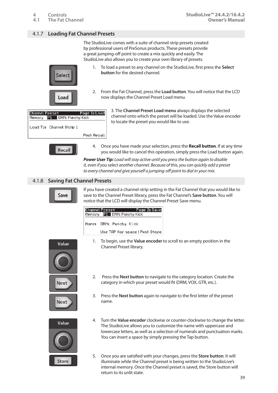 7 loading fat channel presets, 8 saving fat channel presets, 7 loading fat channel | Presets — 39, 8 saving fat channel | PreSonus StudioLive 24.4.2 User Manual | Page 43 / 112