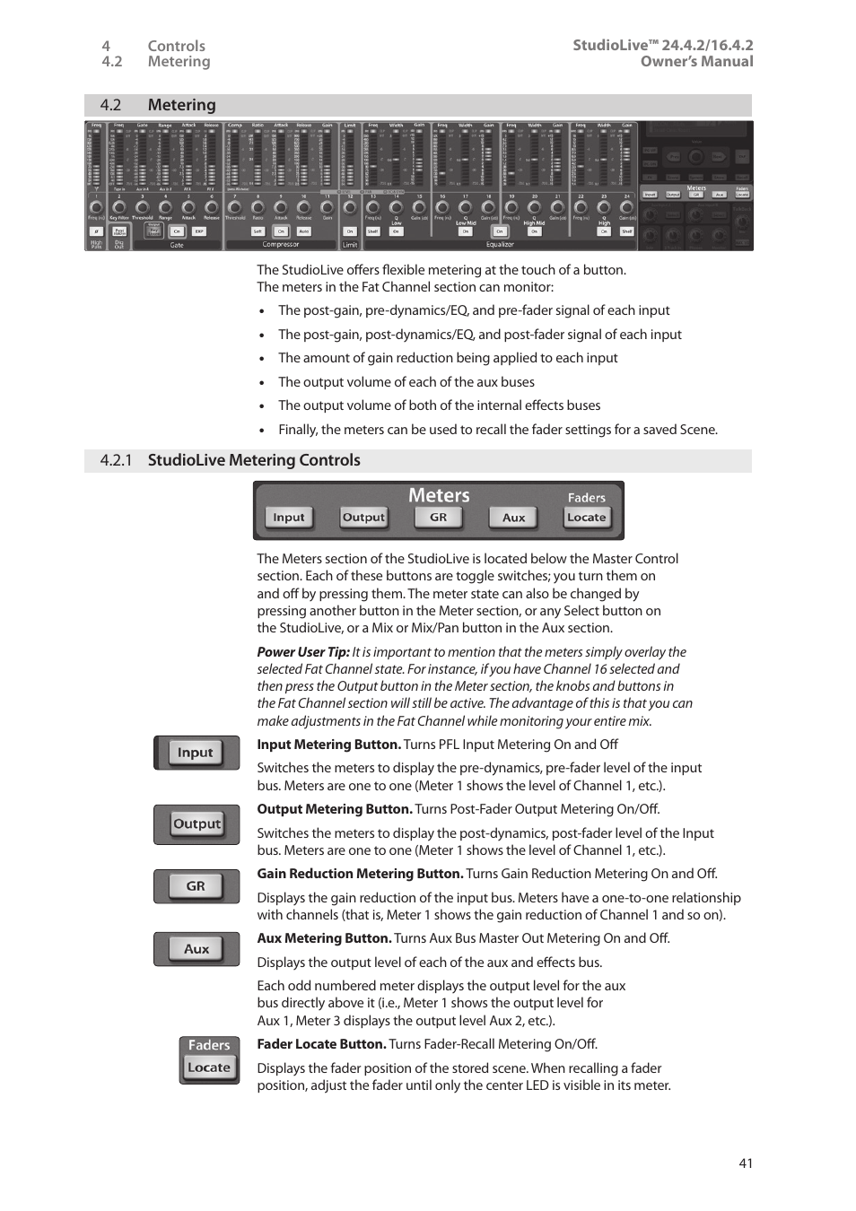 2 metering, 1 studiolive metering controls, 2 metering — 41 | 1 studiolive metering, Controls — 41 | PreSonus StudioLive 24.4.2 User Manual | Page 45 / 112