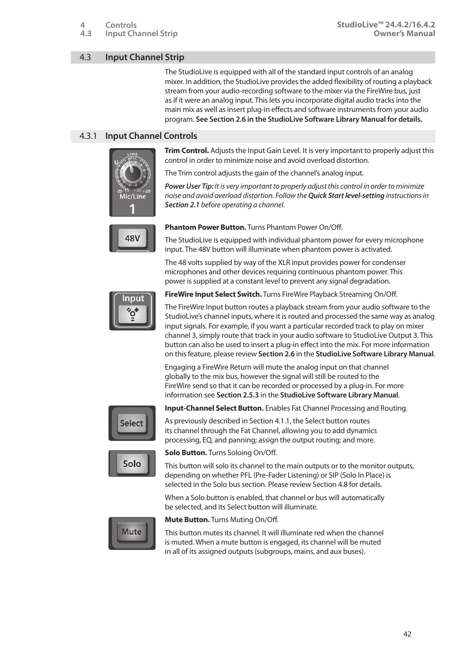 3 input channel strip, 1 input channel controls, 3 input channel strip — 42 | 1 input channel controls — 42 | PreSonus StudioLive 24.4.2 User Manual | Page 46 / 112