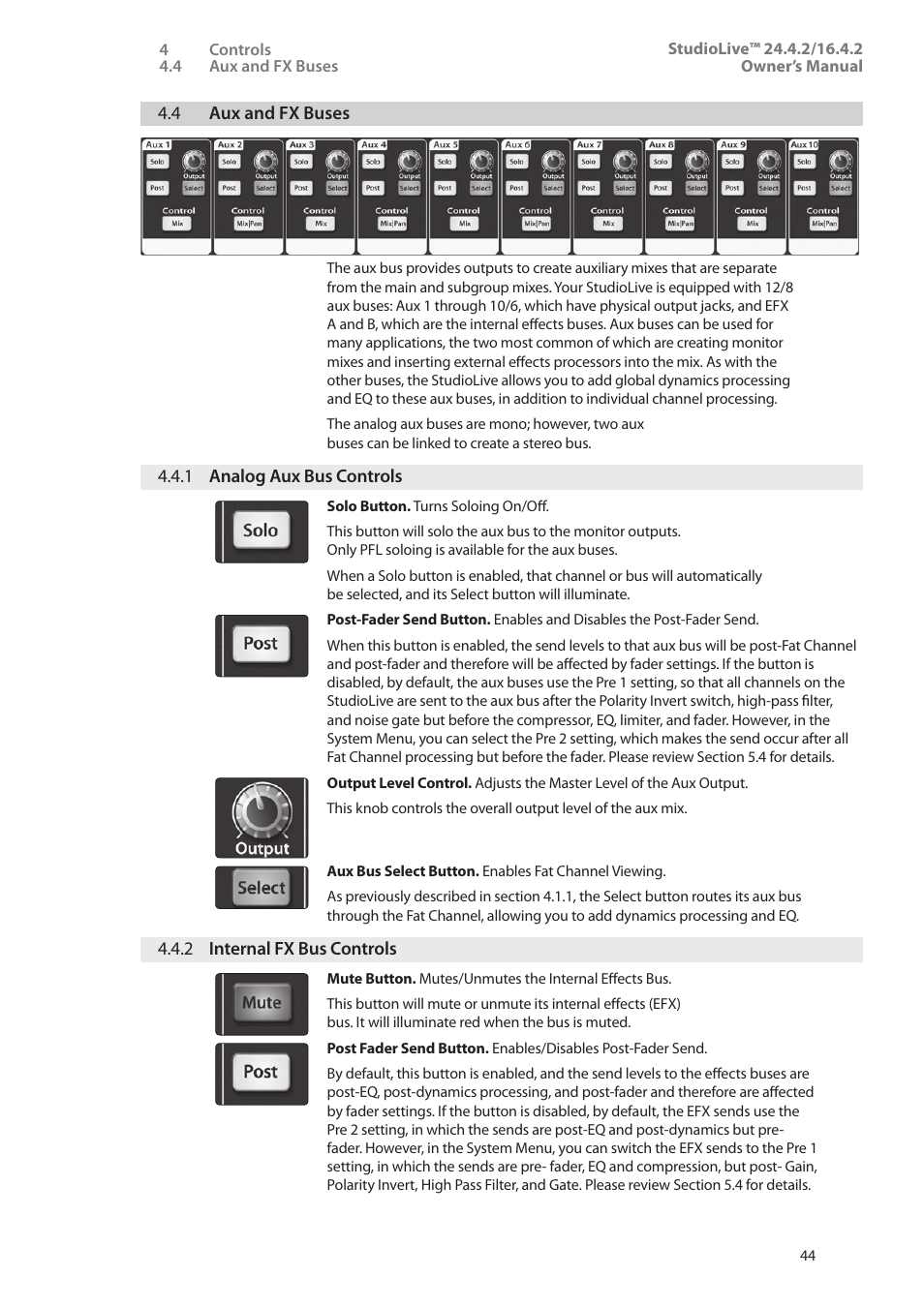 4 aux and fx buses, 1 analog aux bus controls, 2 internal fx bus controls | 4 aux and fx buses — 44, 1 analog aux bus controls — 44, 2 internal fx bus controls — 44 | PreSonus StudioLive 24.4.2 User Manual | Page 48 / 112