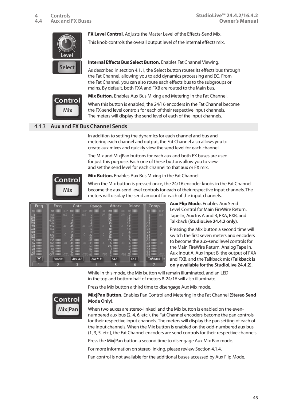 3 aux and fx bus channel sends, 3 aux and fx bus, Channel sends — 45 | PreSonus StudioLive 24.4.2 User Manual | Page 49 / 112