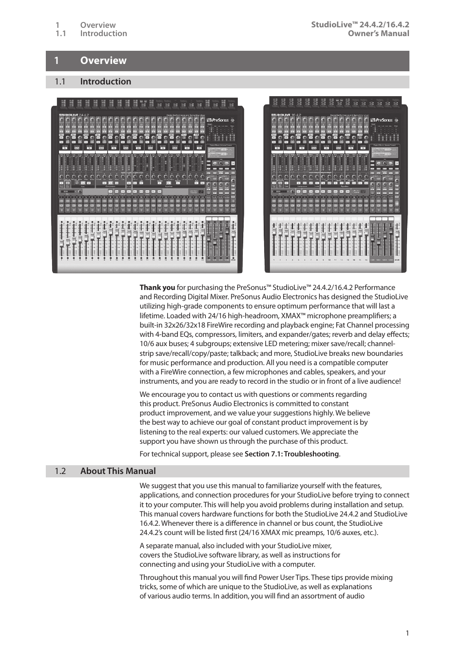 1 overview, 1 introduction, 2 about this manual | 1 overview — 1, 1 introduction — 1, 2 about this manual — 1 | PreSonus StudioLive 24.4.2 User Manual | Page 5 / 112