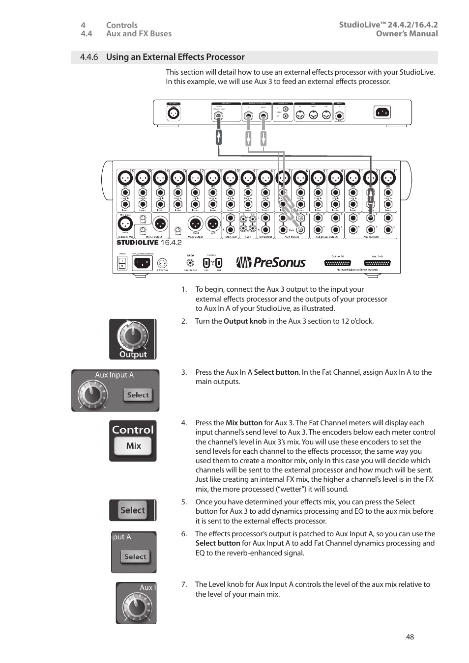 6 using an external effects processor, 6 using an external, Effects processor — 48 | PreSonus StudioLive 24.4.2 User Manual | Page 52 / 112