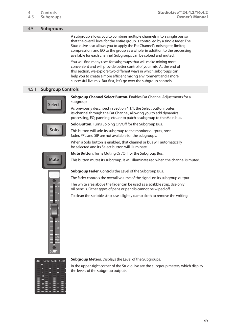 5 subgroups, 1 subgroup controls, 5 subgroups — 49 | 1 subgroup controls — 49 | PreSonus StudioLive 24.4.2 User Manual | Page 53 / 112