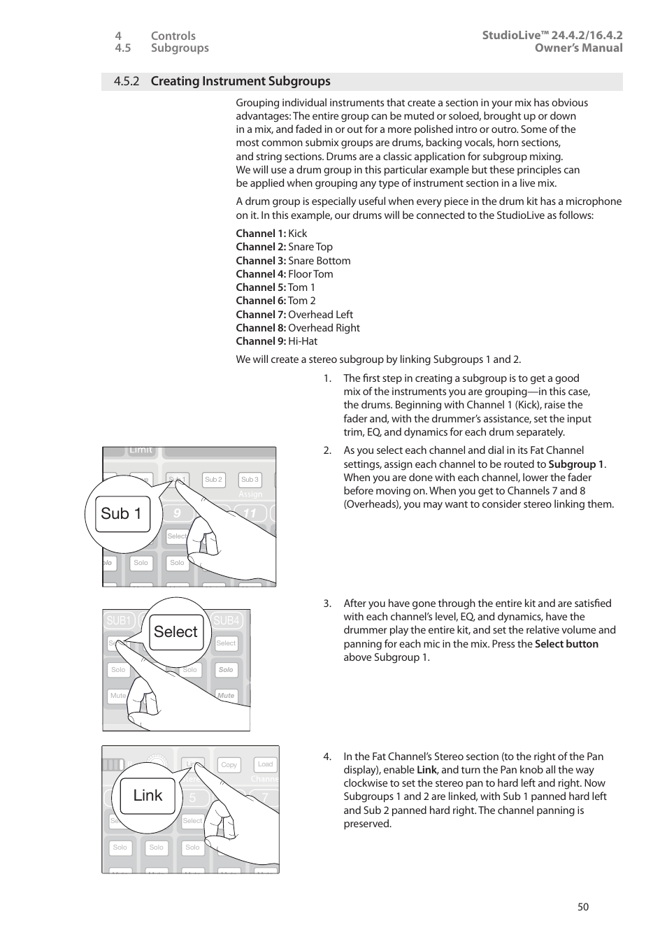 2 creating instrument subgroups, 2 creating instrument, Subgroups — 50 | Sub 1, Select, Link, Sub1 sub2 sub3 sub4 | PreSonus StudioLive 24.4.2 User Manual | Page 54 / 112