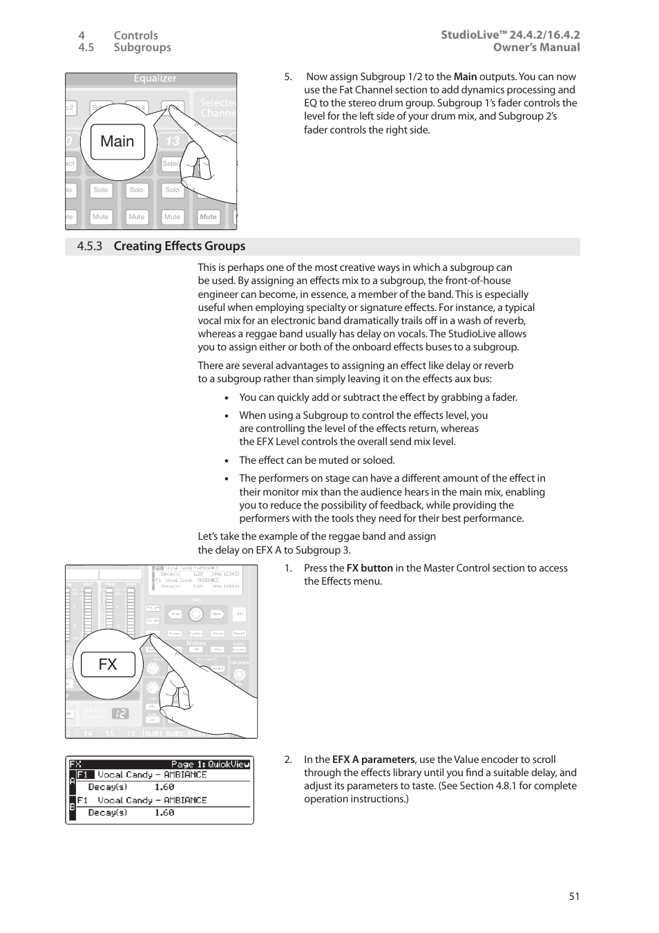 3 creating effects groups, 3 creating effects groups — 51, Main fx | PreSonus StudioLive 24.4.2 User Manual | Page 55 / 112