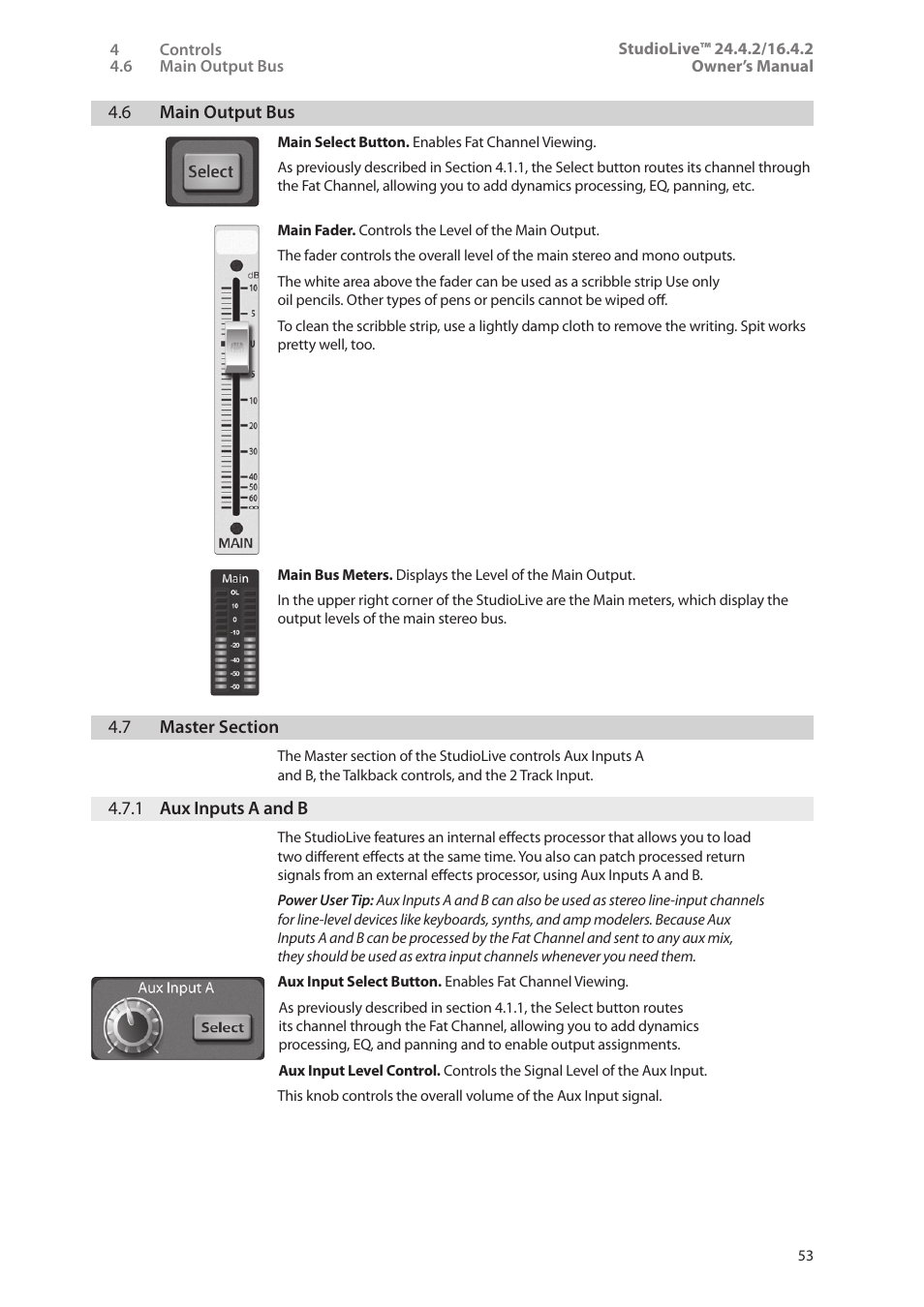 6 main output bus, 7 master section, 1 aux inputs a and b | 6 main output bus — 53, 7 master section — 53, 1 aux inputs a and b — 53 | PreSonus StudioLive 24.4.2 User Manual | Page 57 / 112