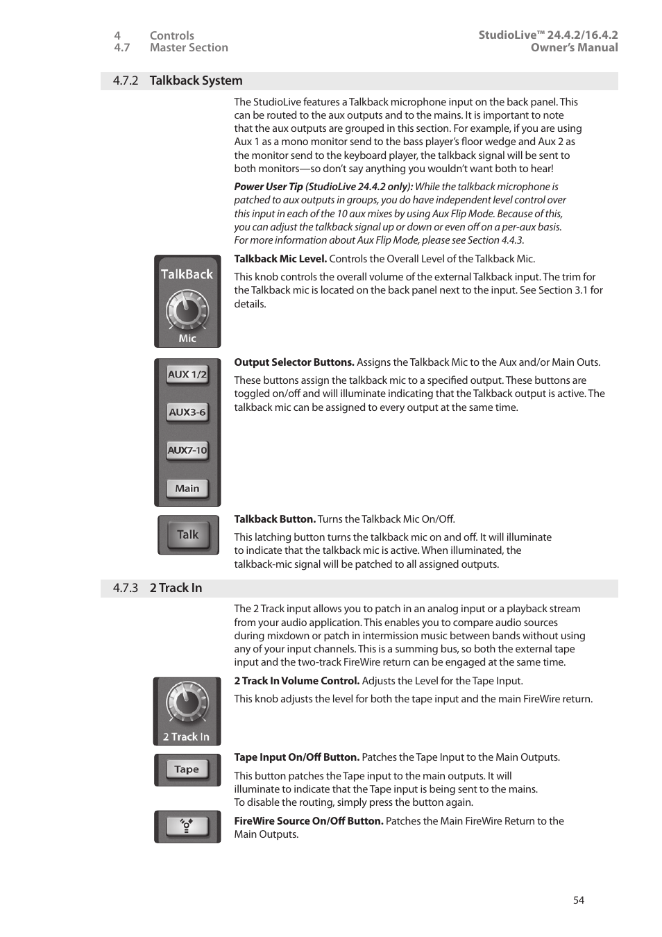 2 talkback system, 3 2 track in, 2 talkback system — 54 | 3 2 track in — 54 | PreSonus StudioLive 24.4.2 User Manual | Page 58 / 112