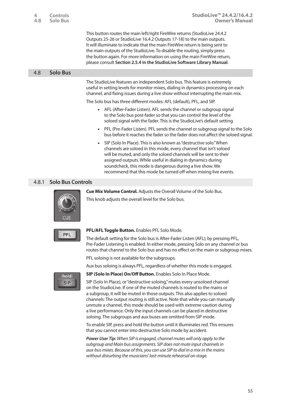 8 solo bus, 1 solo bus controls, 8 solo bus — 55 | 1 solo bus controls — 55 | PreSonus StudioLive 24.4.2 User Manual | Page 59 / 112