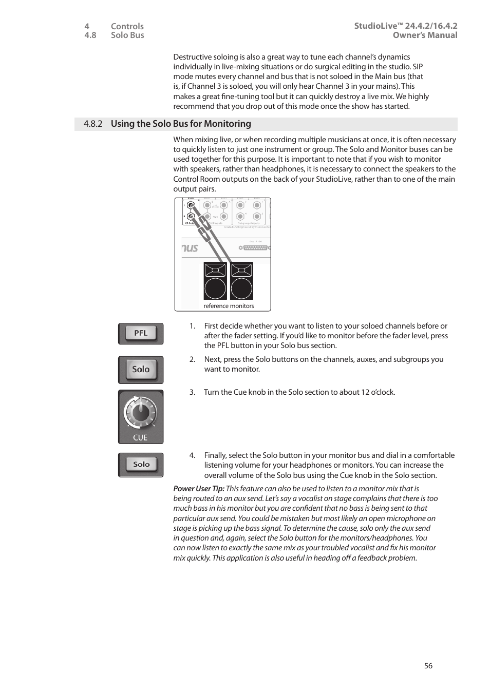 2 using the solo bus for monitoring, 2 using the solo bus, For monitoring — 56 | PreSonus StudioLive 24.4.2 User Manual | Page 60 / 112