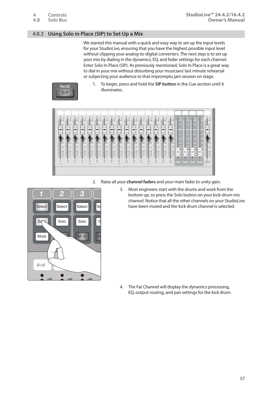 3 using solo in place (sip) to set up a mix, 3 using solo in place (sip), To set up a mix — 57 | PreSonus StudioLive 24.4.2 User Manual | Page 61 / 112