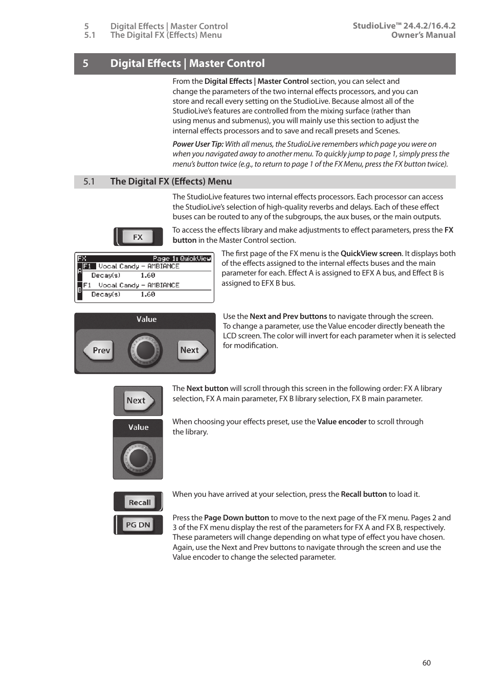 5 digital effects | master control, 1 the digital fx (effects) menu, 5 digital effects | master | Control — 60, 1 the digital fx (effects) menu — 60, 5digital effects | master control | PreSonus StudioLive 24.4.2 User Manual | Page 64 / 112