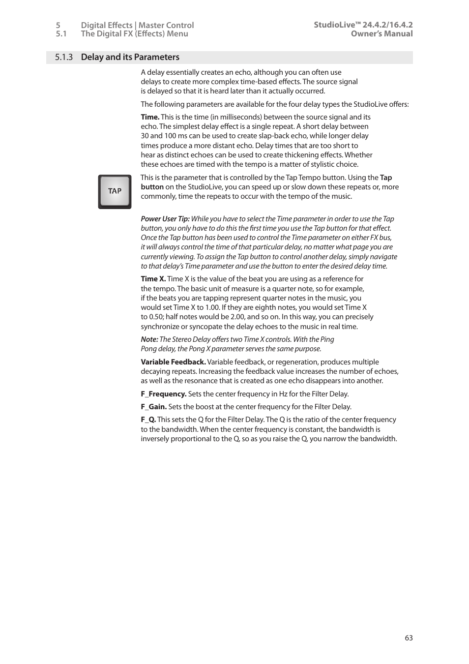 3 delay and its parameters, 3 delay and its parameters — 63 | PreSonus StudioLive 24.4.2 User Manual | Page 67 / 112