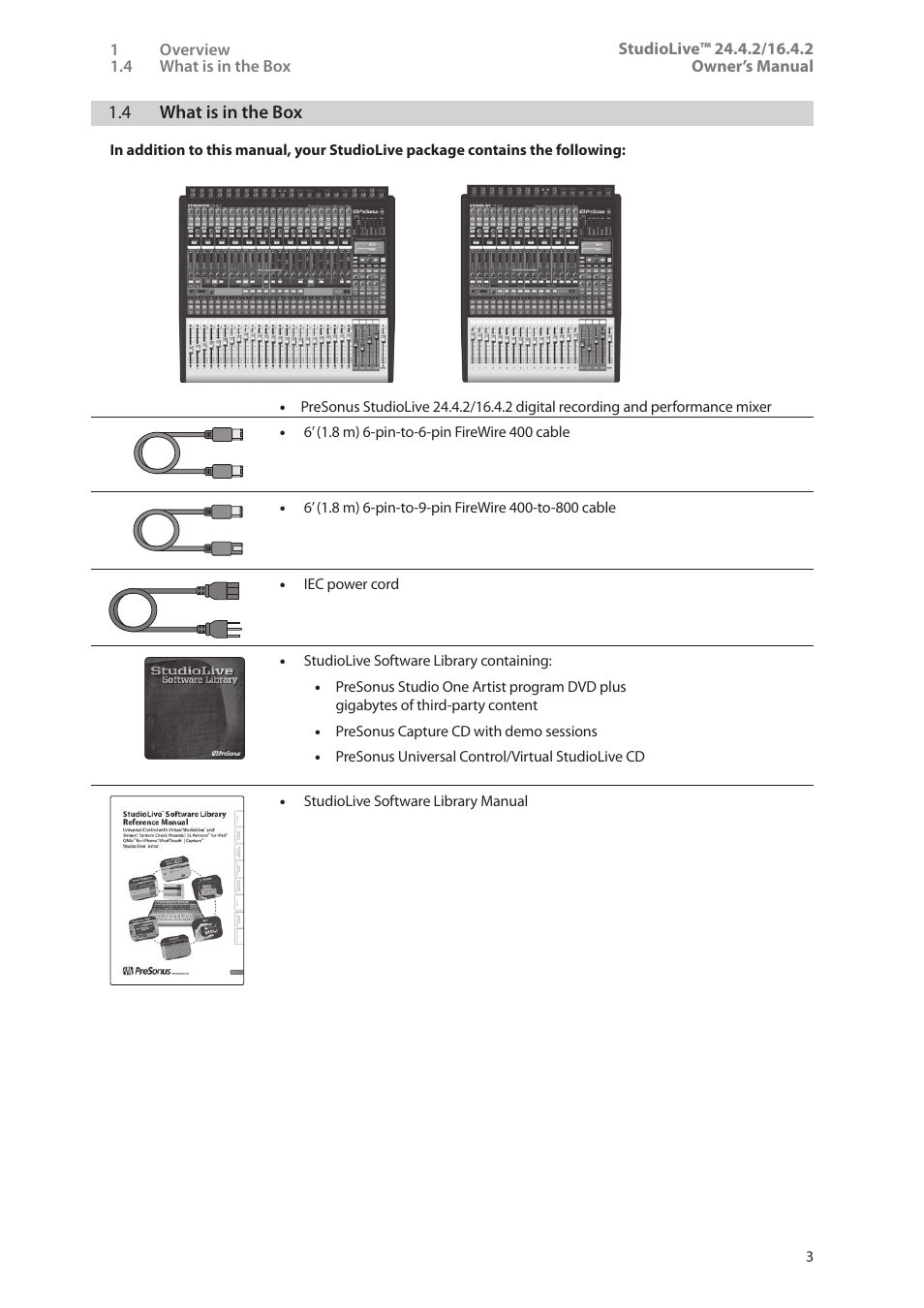 4 what is in the box, 4 what is in the box — 3 | PreSonus StudioLive 24.4.2 User Manual | Page 7 / 112