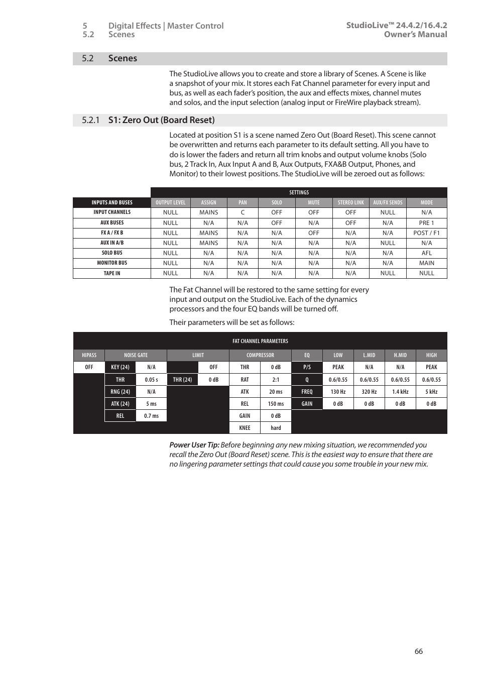 2 scenes, 1 s1: zero out (board reset), 2 scenes — 66 | 1 s1: zero out (board reset) — 66 | PreSonus StudioLive 24.4.2 User Manual | Page 70 / 112