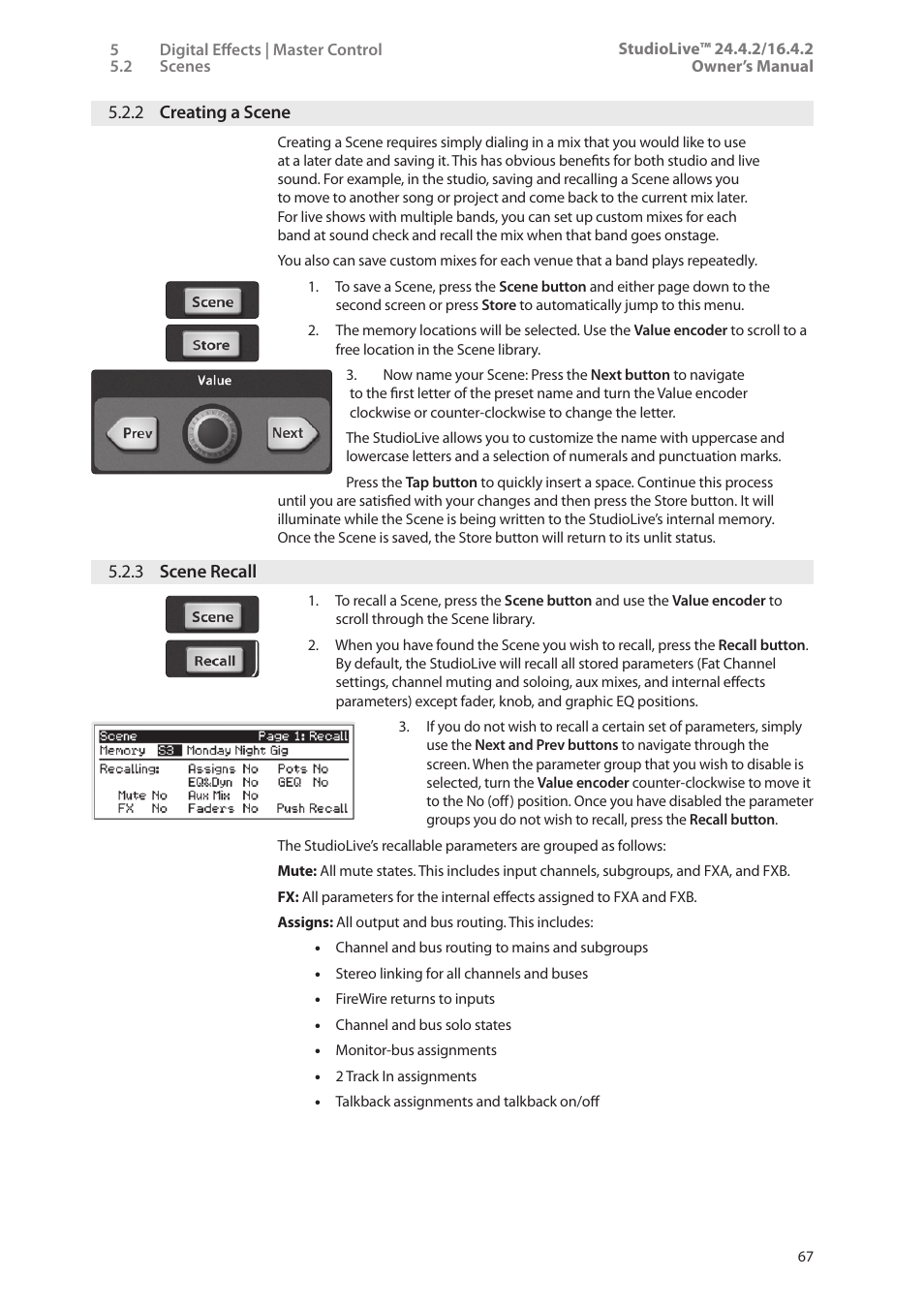 2 creating a scene, 3 scene recall, 2 creating a scene — 67 | 3 scene recall — 67 | PreSonus StudioLive 24.4.2 User Manual | Page 71 / 112