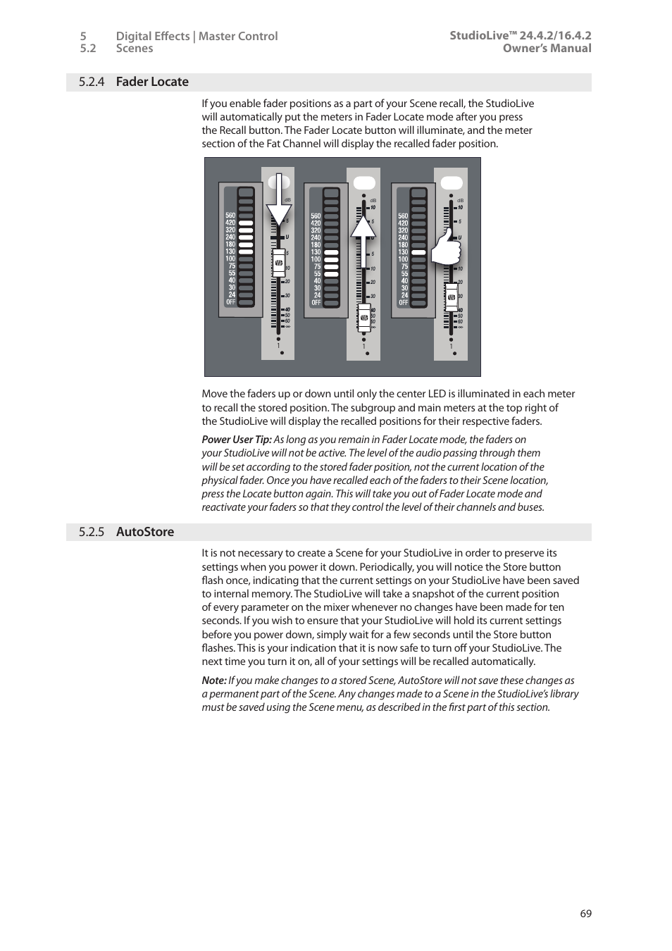 4 fader locate, 5 autostore, 4 fader locate — 69 | 5 autostore — 69 | PreSonus StudioLive 24.4.2 User Manual | Page 73 / 112