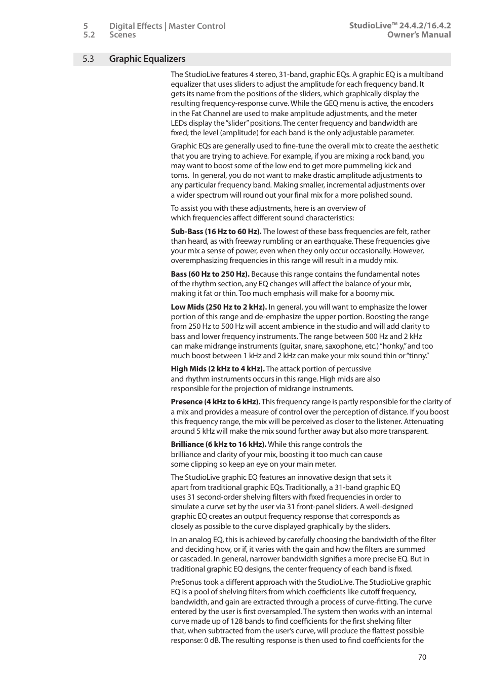3 graphic equalizers, Graphic equalizers — 70 | PreSonus StudioLive 24.4.2 User Manual | Page 74 / 112