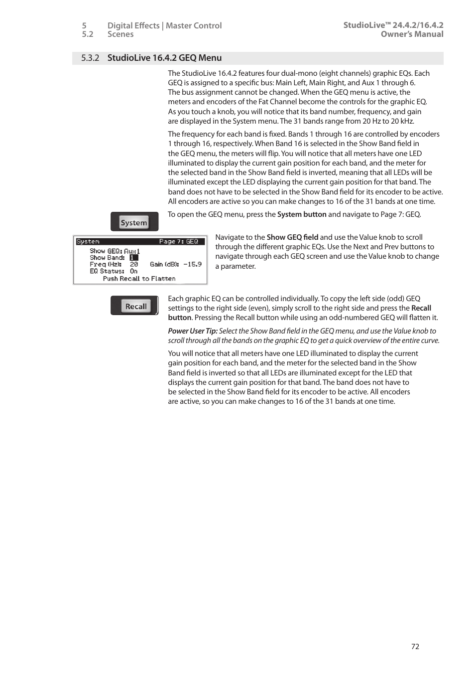 2 studiolive 16.4.2 geq menu, 2 studiolive 16.4.2 geq, Menu — 72 | PreSonus StudioLive 24.4.2 User Manual | Page 76 / 112