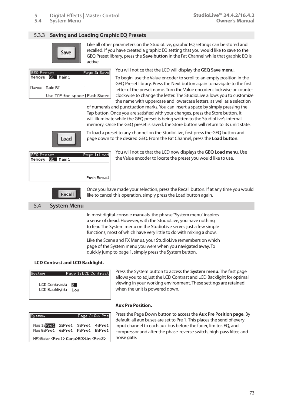 3 saving and loading graphic eq presets, 4 system menu, 3 saving and loading graphic eq | Presets — 73, 4 system menu — 73 | PreSonus StudioLive 24.4.2 User Manual | Page 77 / 112