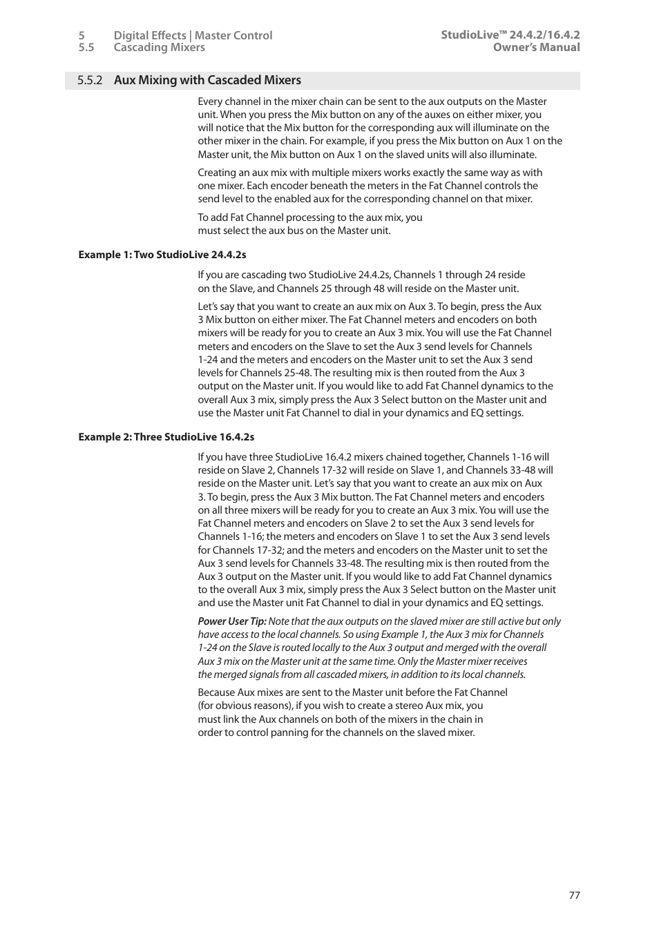 2 aux mixing with cascaded mixers, 2 aux mixing with cascaded, Mixers — 77 | PreSonus StudioLive 24.4.2 User Manual | Page 81 / 112