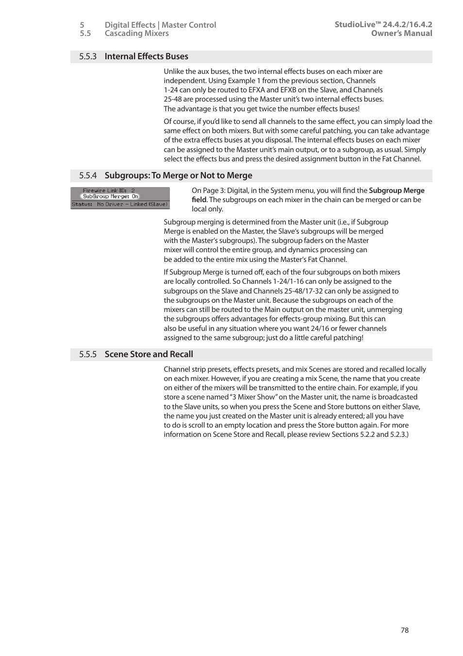 3 internal effects buses, 4 subgroups: to merge or not to merge, 5 scene store and recall | 3 internal effects buses — 78, 4 subgroups: to merge or, Not to merge — 78, 5 scene store and recall — 78 | PreSonus StudioLive 24.4.2 User Manual | Page 82 / 112