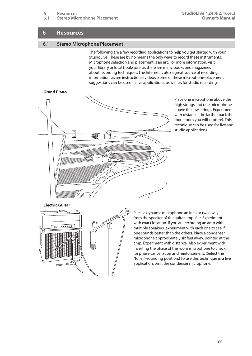 6 resources, 1 stereo microphone placement, 6 resources — 80 | 1 stereo microphone placement — 80 | PreSonus StudioLive 24.4.2 User Manual | Page 84 / 112