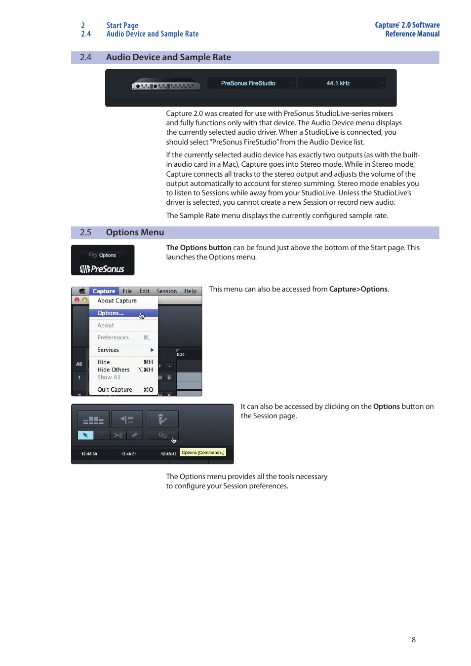 Audio device and sample rate — 8, Options menu — 8 | PreSonus Capture  2.0 User Manual | Page 10 / 37
