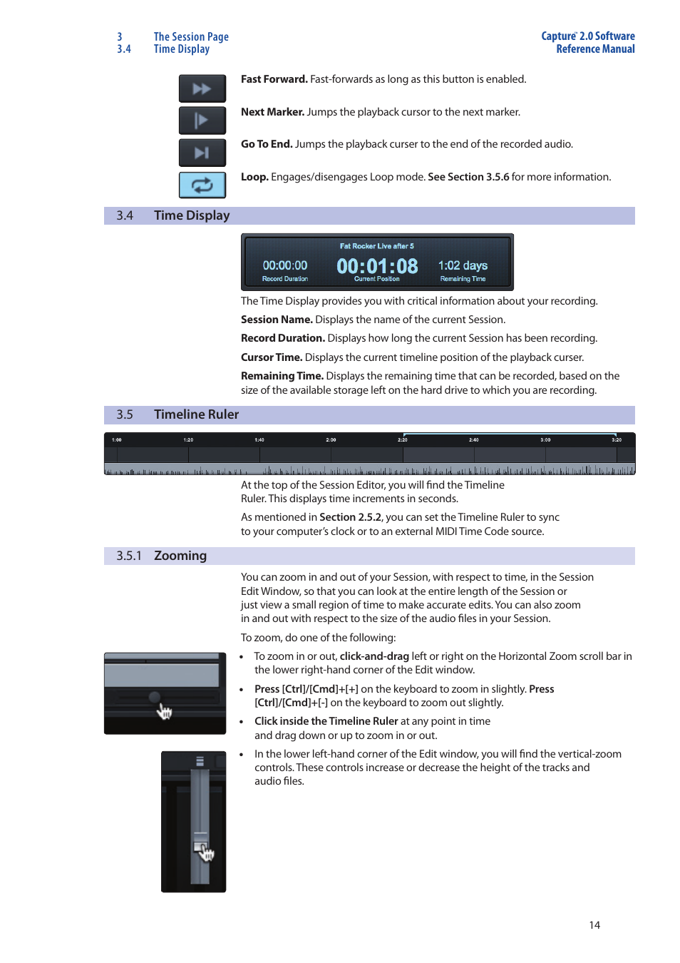 Time display — 14, Timeline ruler — 14, 1 zooming — 14 | PreSonus Capture  2.0 User Manual | Page 16 / 37