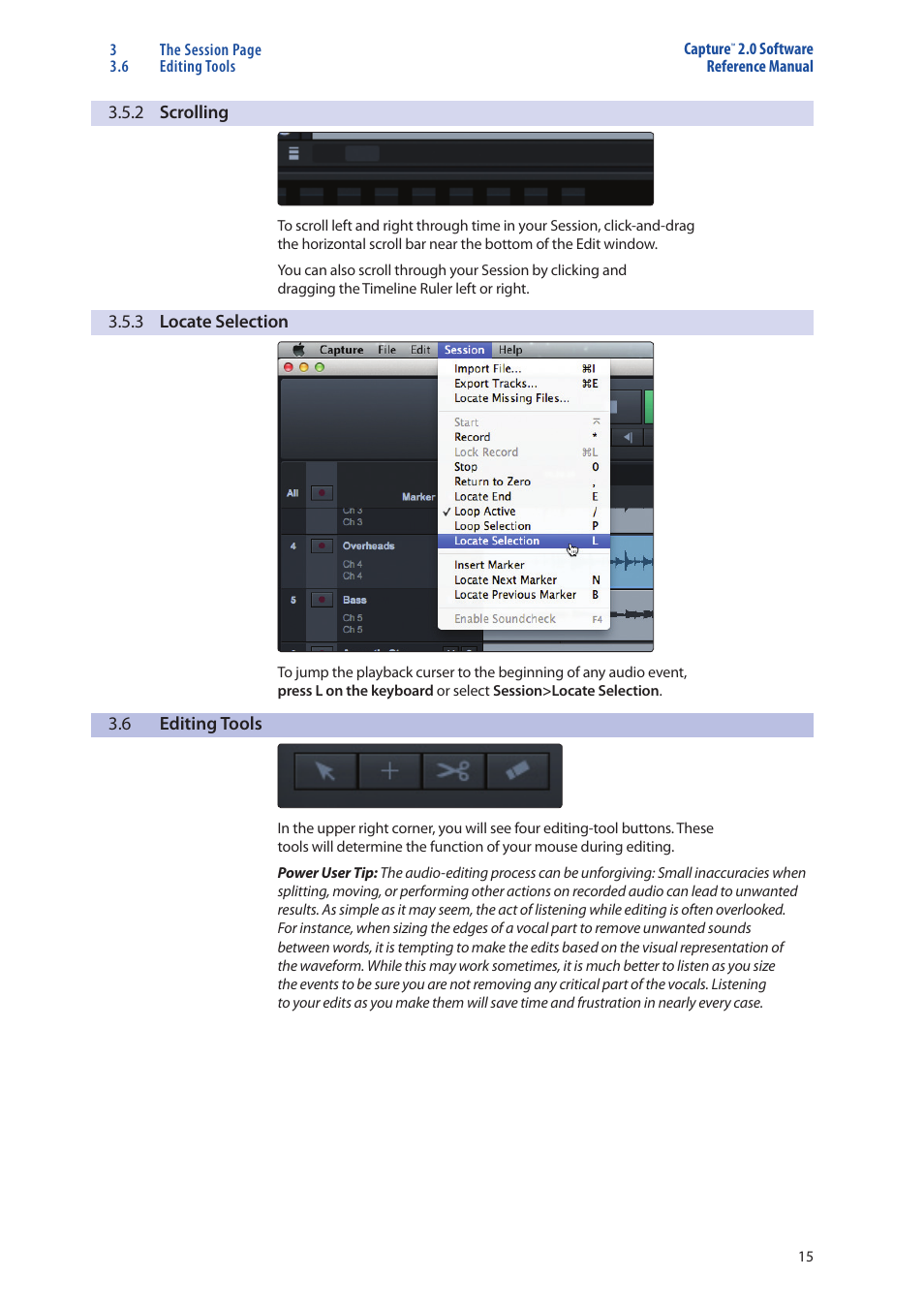 2 scrolling — 15, 3 locate selection — 15, Editing tools — 15 | PreSonus Capture  2.0 User Manual | Page 17 / 37