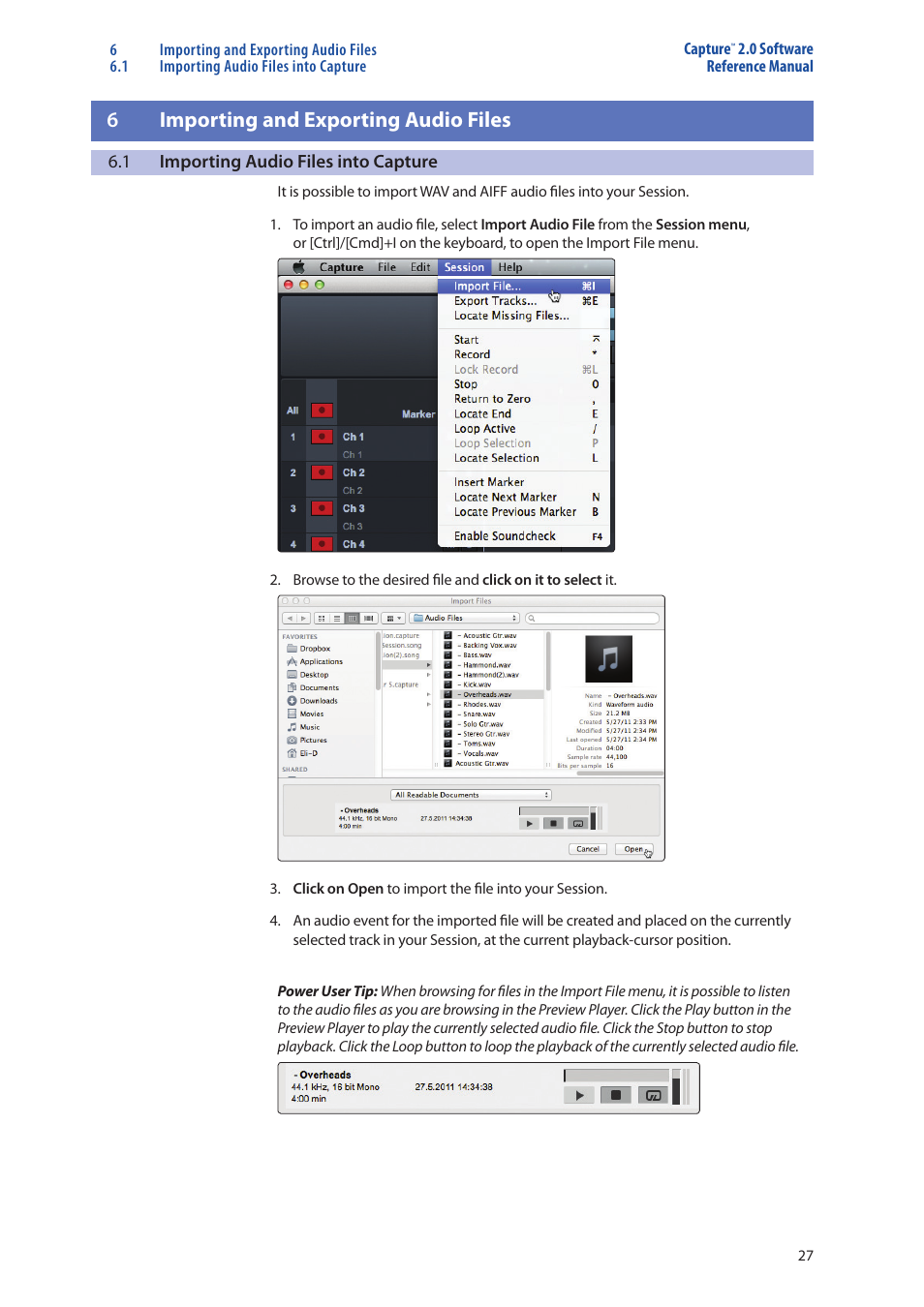 Importing and exporting, Audio files — 27, Importing audio files into capture — 27 | 6importing and exporting audio files | PreSonus Capture  2.0 User Manual | Page 29 / 37