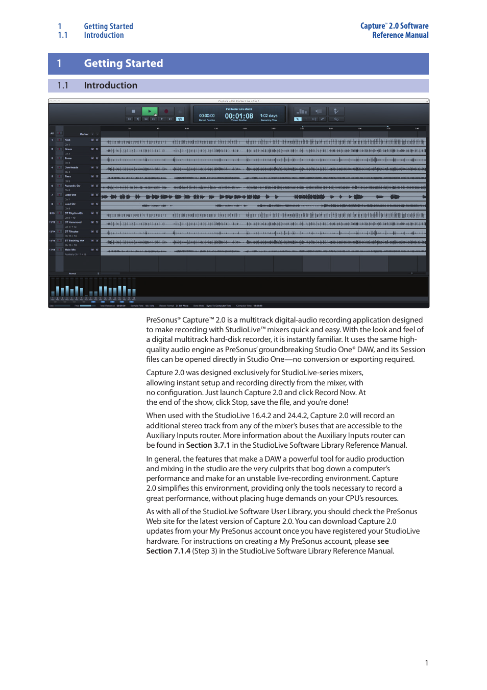 Getting started — 1, Introduction — 1, 1getting started | PreSonus Capture  2.0 User Manual | Page 3 / 37